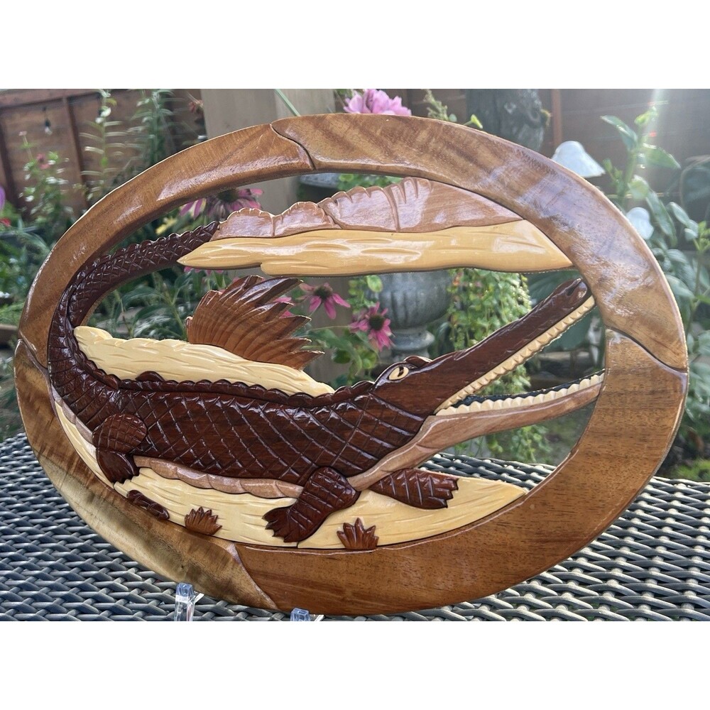 Handmade Alligator Intarsia Wood Wall Art 18” Bayou Cabin Lodge Reptile Decor